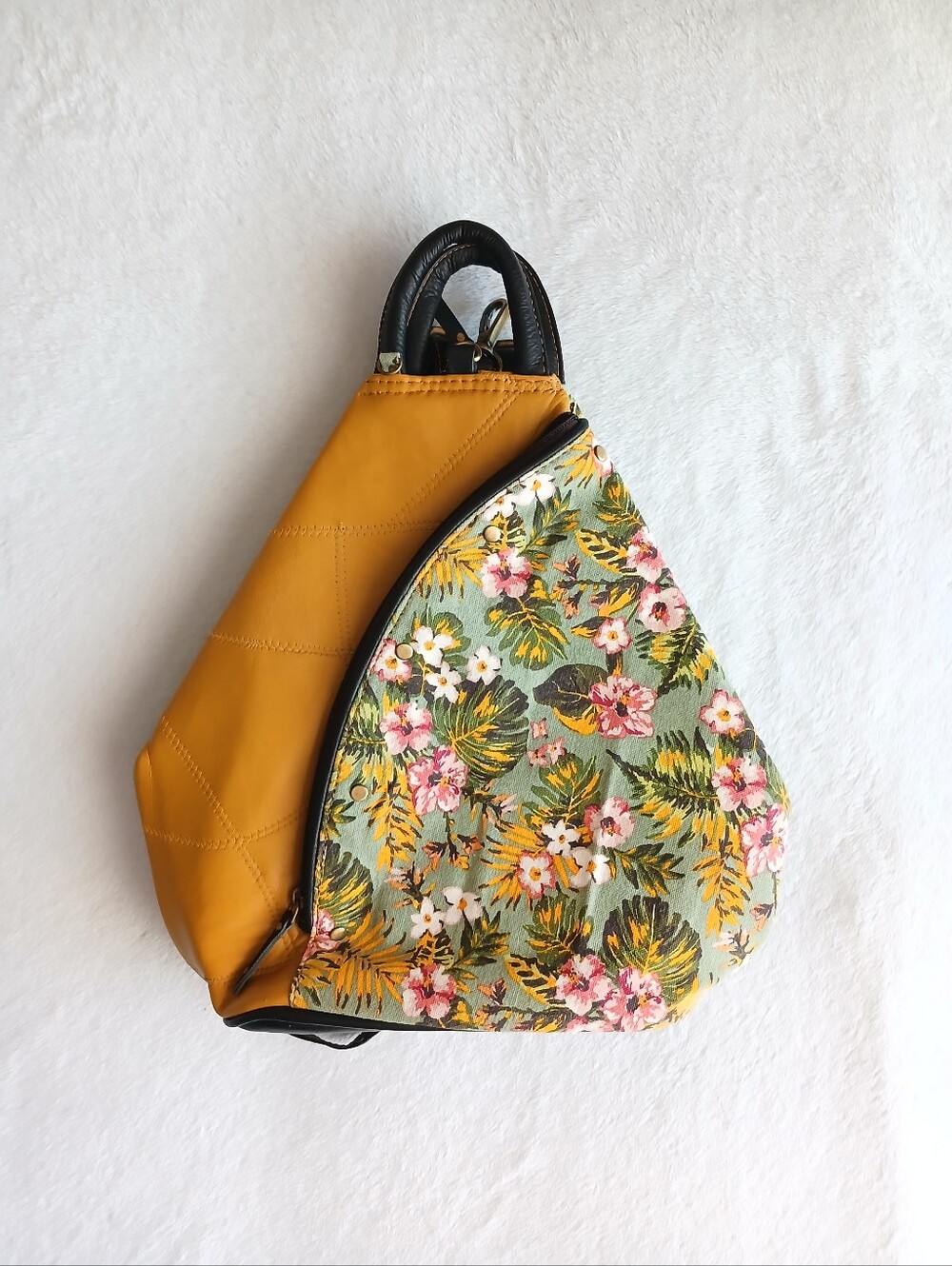 Vaan & Co Mustard Yellow Leather & Tropical Floral Canvas Sling Backpack